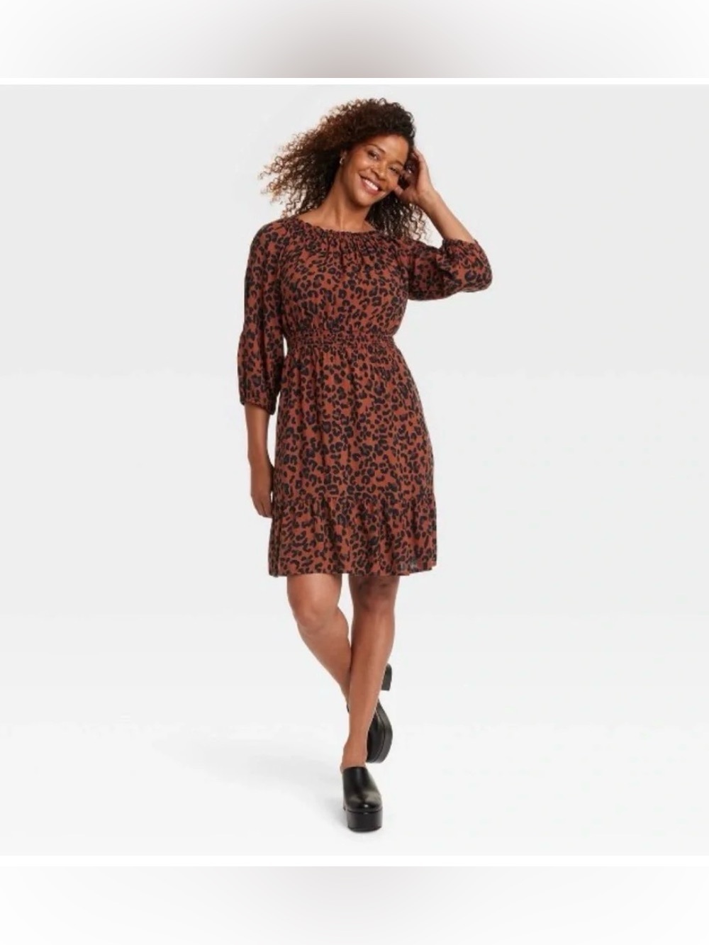 NWT Knox Rose Dark Brown Leopard Print A-Line Dress, long sleeves a ruffled hem